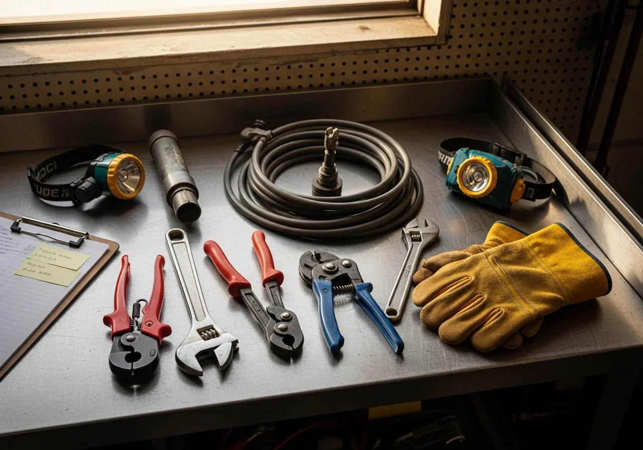 Professional plumbing tools and equipment arranged on a work surface, representing the trade expertise and service readiness of a residential plumbing company.