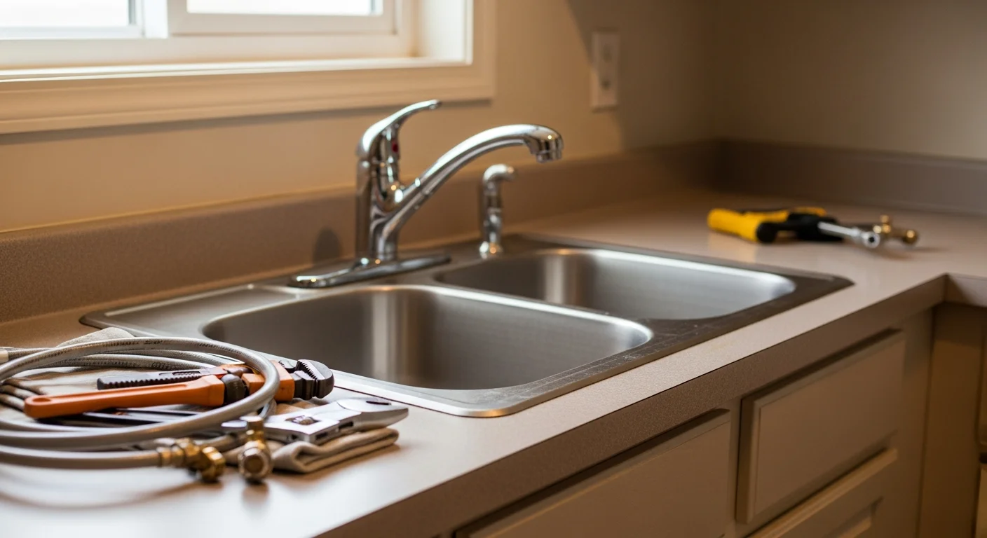 Plumber installing new faucet in residential kitchen