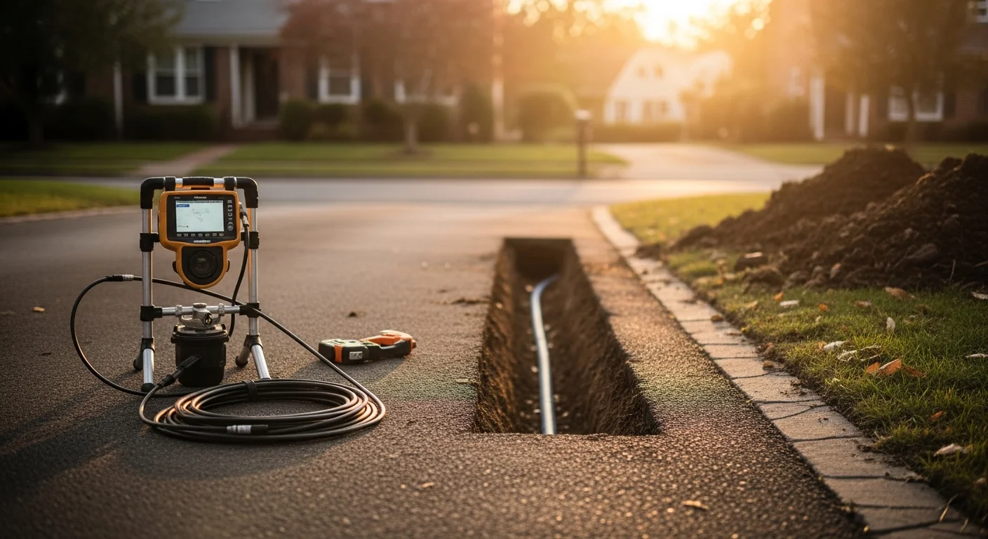 Technician assessing sewer line damage with camera equipment