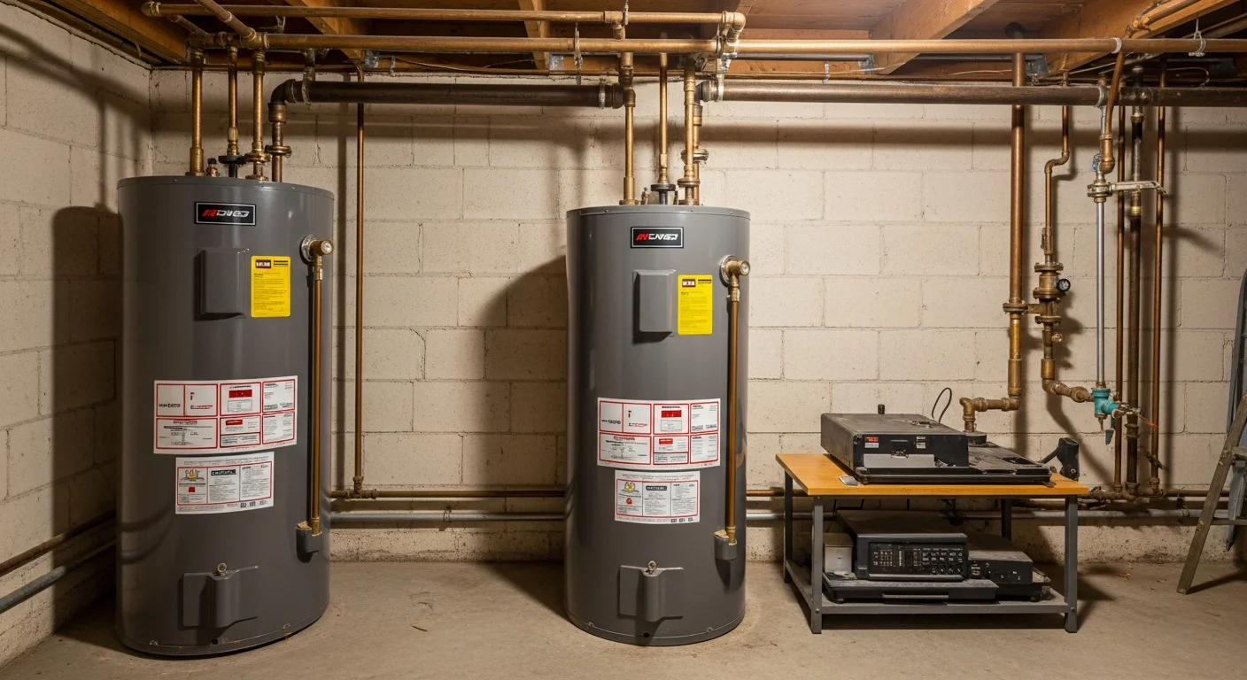 Technician installing new residential water heater in basement