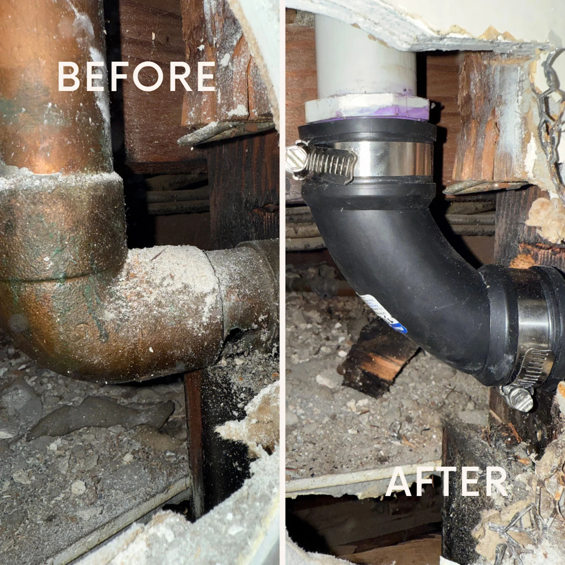 Before and after sump pump discharge pipe replacement showing corroded cast iron elbow replaced with new black ABS pipe