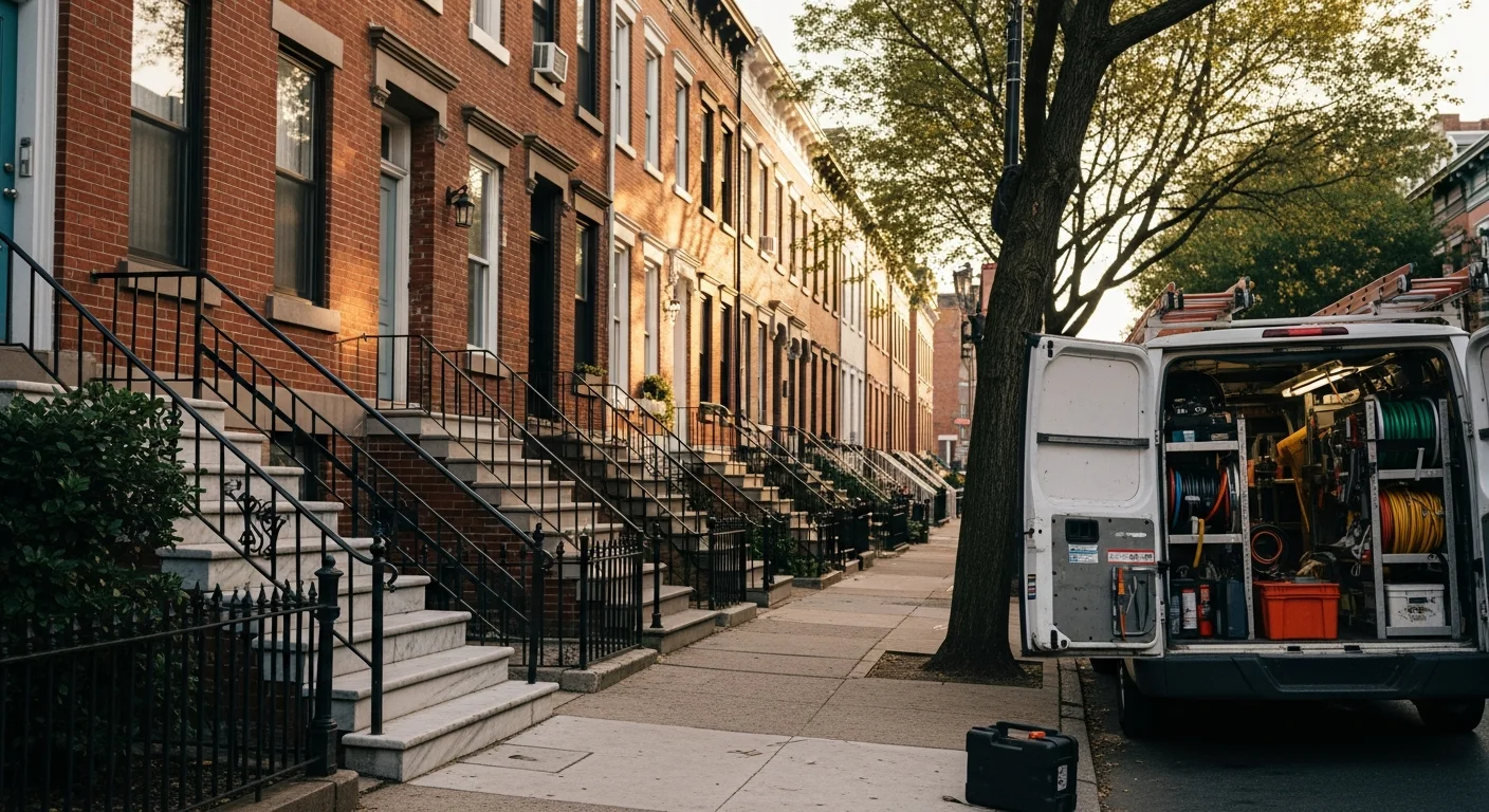 Philadelphia rowhouses and urban street with mature trees and brick facades in afternoon light.