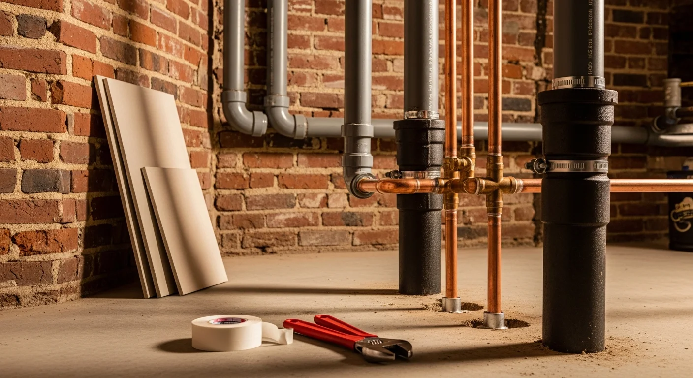 A licensed plumber connecting supply and drain lines during a bathroom plumbing installation inside a Philadelphia rowhouse. Exposed wall framing shows new pipe runs roughed in before fixtures are set.