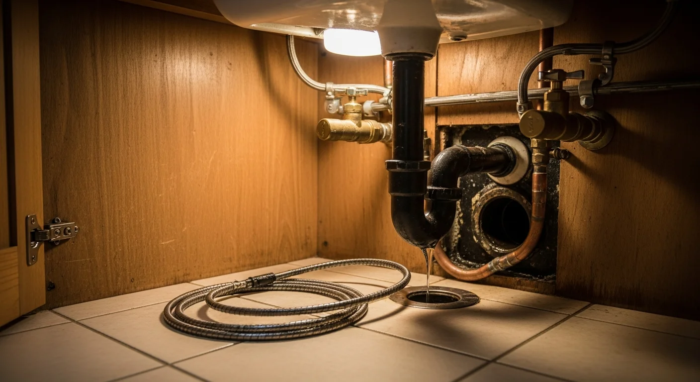 A plumber clearing a clogged drain in a Philadelphia row home kitchen, with drain cleaning equipment visible at the sink access point. The pipe below shows grease and debris buildup typical of older cast iron drain lines in Philadelphia properties.