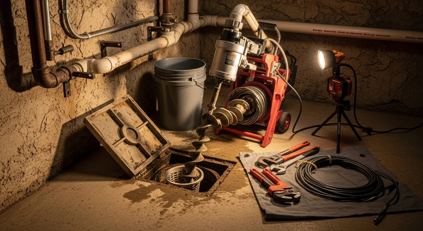 A drain cleaning technician using a cable auger on a basement floor drain in a Philadelphia row home with exposed cast iron pipes. The drain cover is removed and the line is being cleared of debris and buildup.