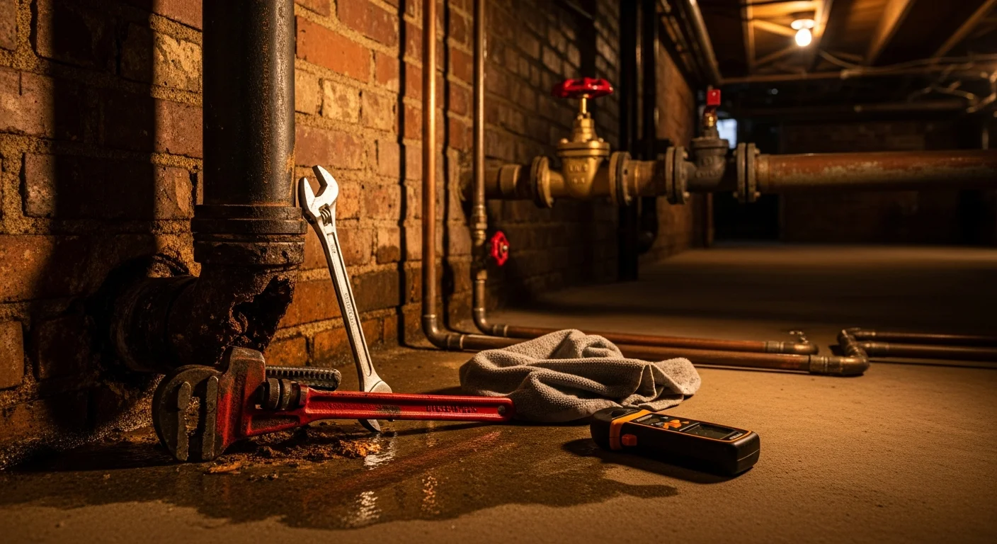 A plumber repairing a burst pipe in the basement of a Philadelphia row home, with water shut off at the main valve and tools laid out on the floor. The exposed pipe shows corrosion consistent with aging cast iron plumbing common in older Philadelphia properties.