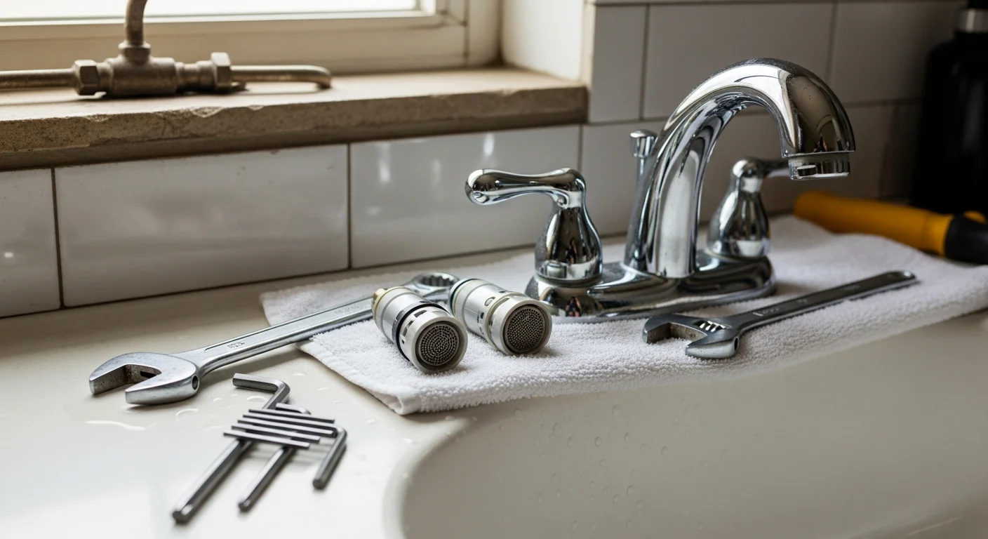 A licensed plumber from Drain State Plumbing & Drain Cleaning installing a new kitchen faucet in a Philadelphia rowhouse, with shut-off valves and supply lines visible beneath the sink. The finished fixture is fully seated and sealed against the sink deck.