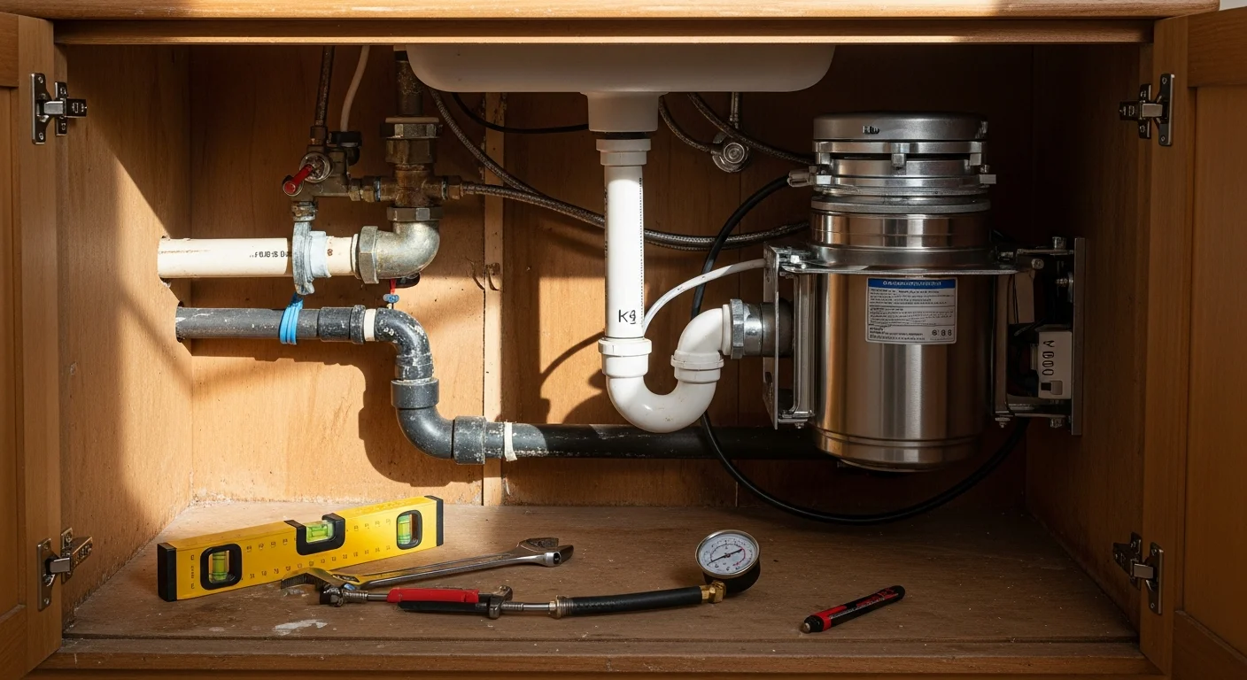 A newly installed garbage disposal unit mounted under a kitchen sink in a Philadelphia row home, with clean drain connections and a properly fitted P-trap visible below the basin.