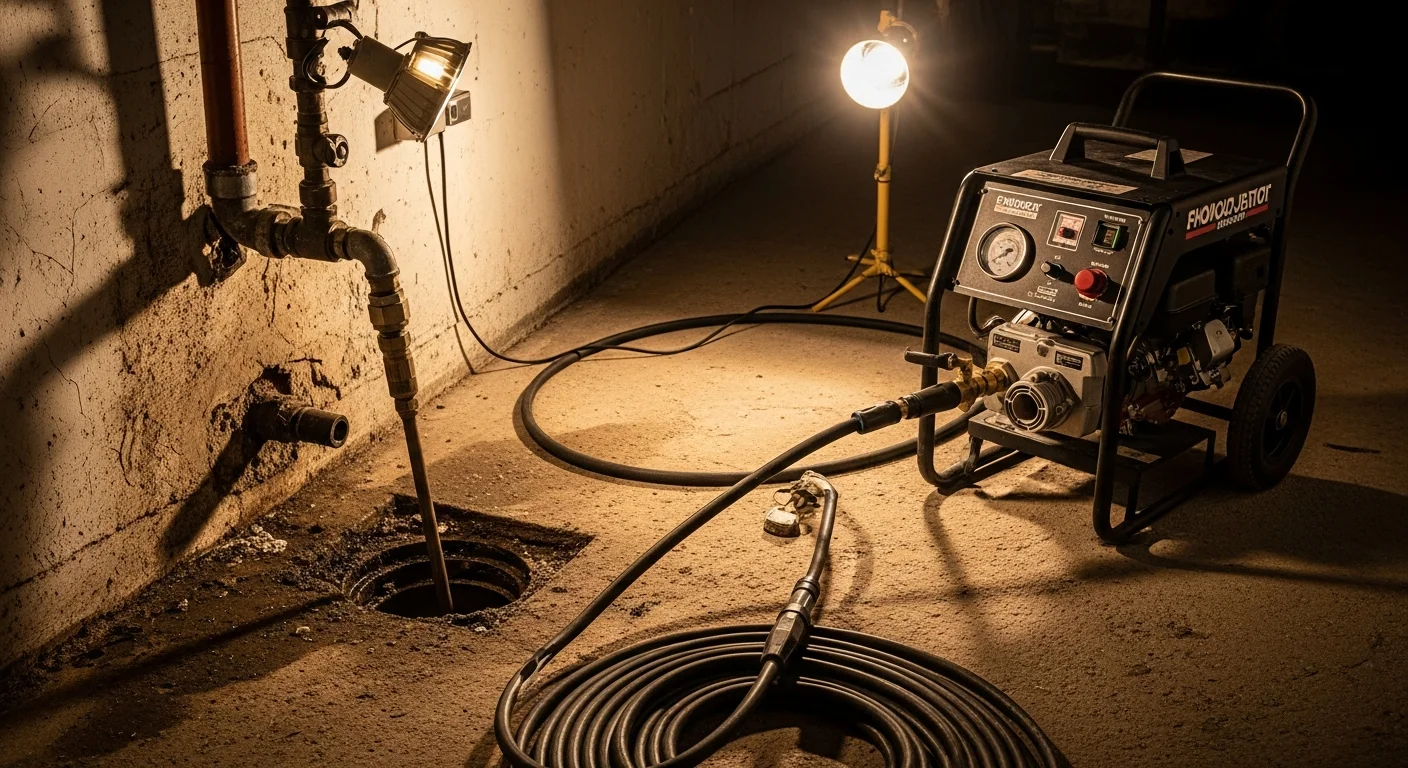 A drain technician inserting a hydro jetting hose into a floor cleanout inside a Philadelphia row home. The image shows the high-pressure water line entering the pipe opening with drain cleaning equipment visible in the foreground.