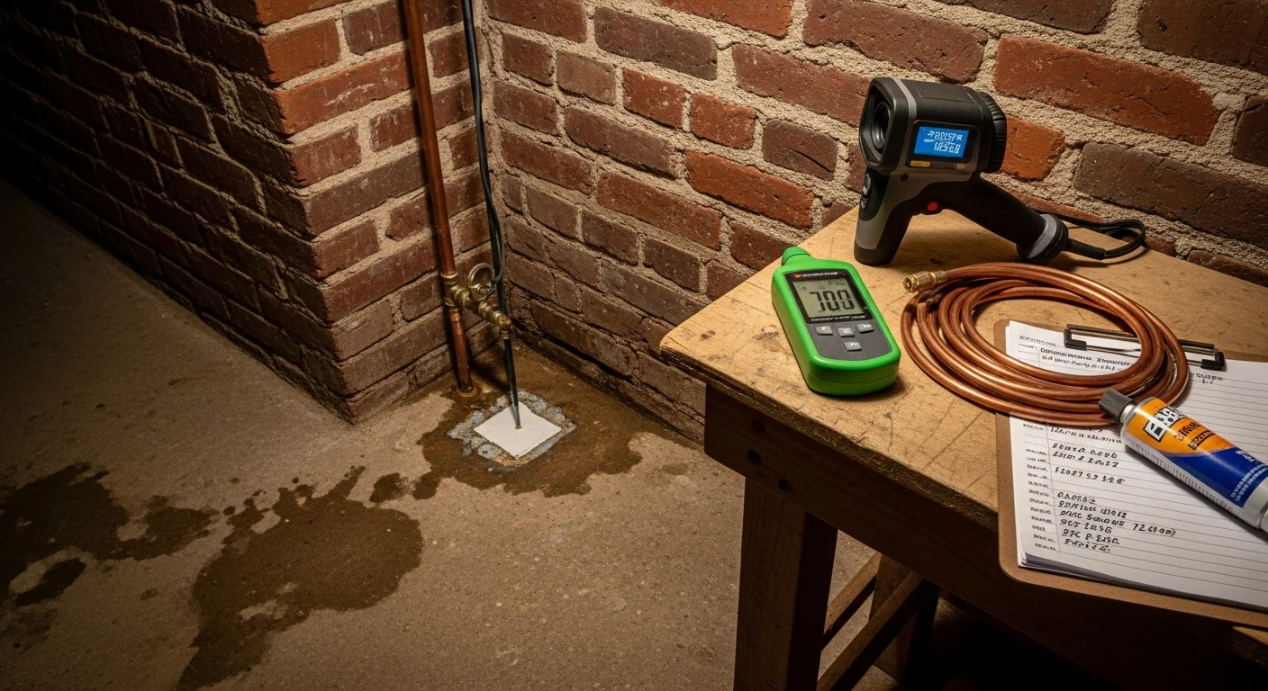 A plumber inspecting exposed supply line connections in the tight basement of a Philadelphia rowhome during a leak detection service call. Water staining is visible on the concrete block wall near the pipe joint.