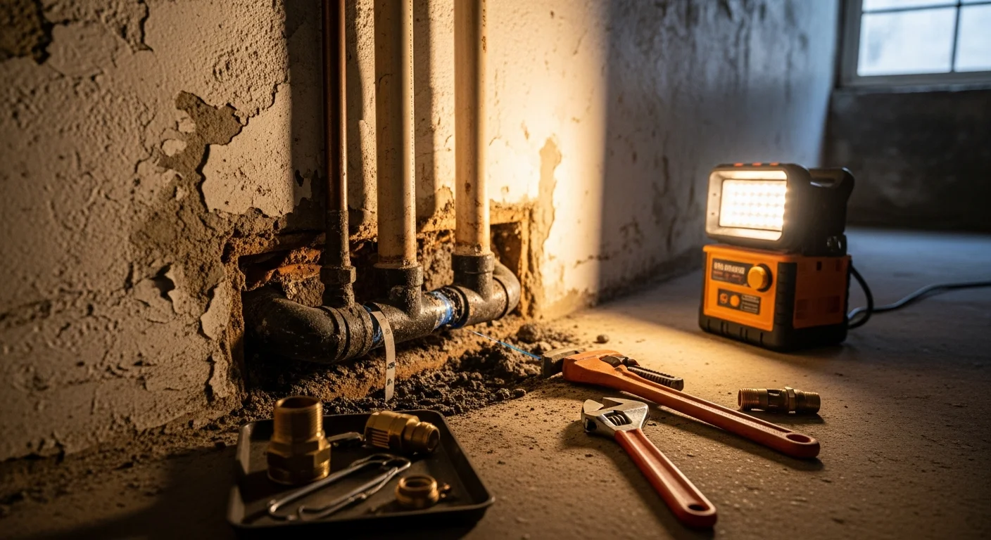 A plumber repairing a corroded section of pipe inside the basement of a Philadelphia row home. The exposed pipe shows rust and scale typical of aging cast iron plumbing found throughout the city.