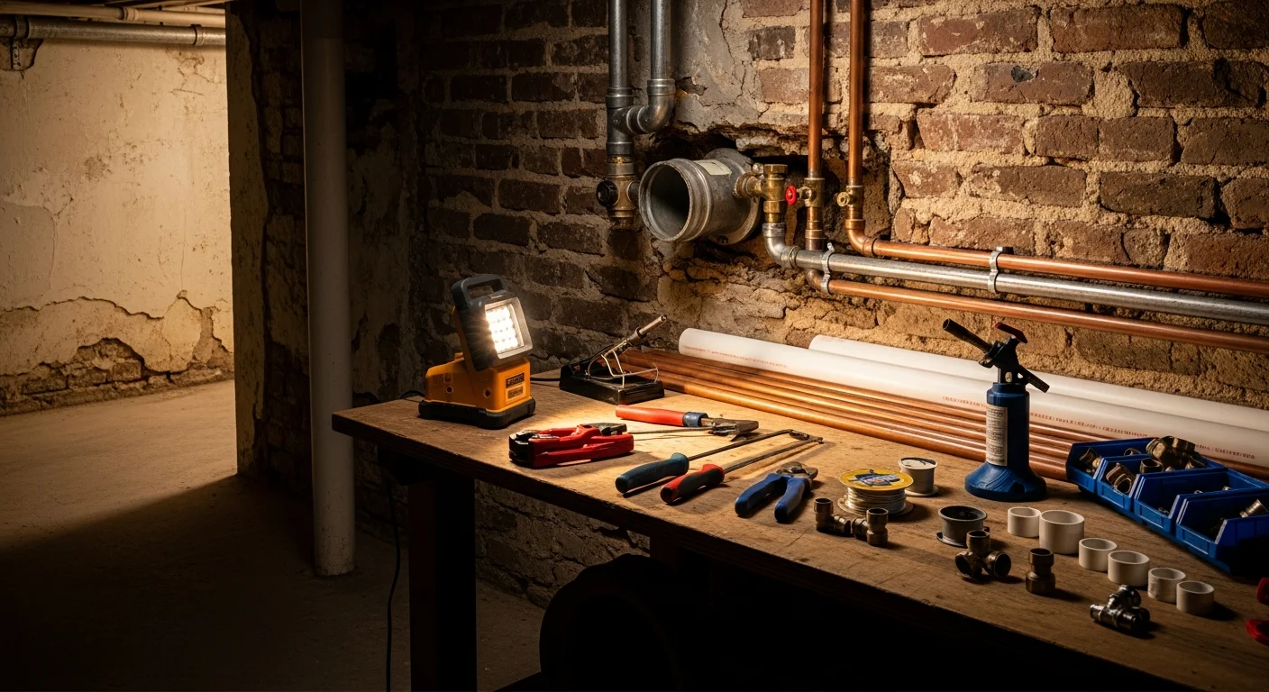 A licensed plumber replacing corroded galvanized supply pipes inside the basement of a Philadelphia rowhouse. New pipe sections are staged alongside exposed brick foundation walls during an active pipe replacement job.