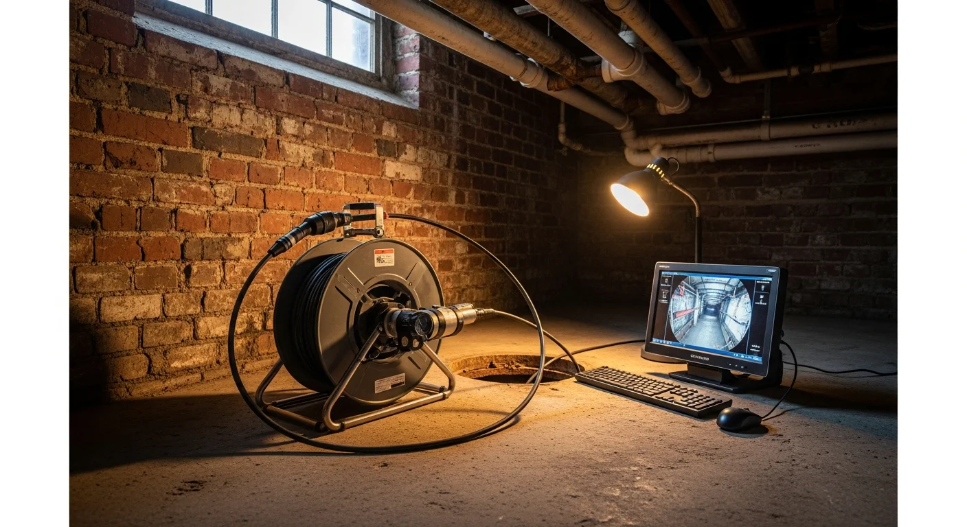 A plumber from Drain State Plumbing & Drain Cleaning feeds a flexible camera cable into a sewer cleanout access point outside a Philadelphia row home. The connected monitor displays a real-time view of the interior pipe condition.