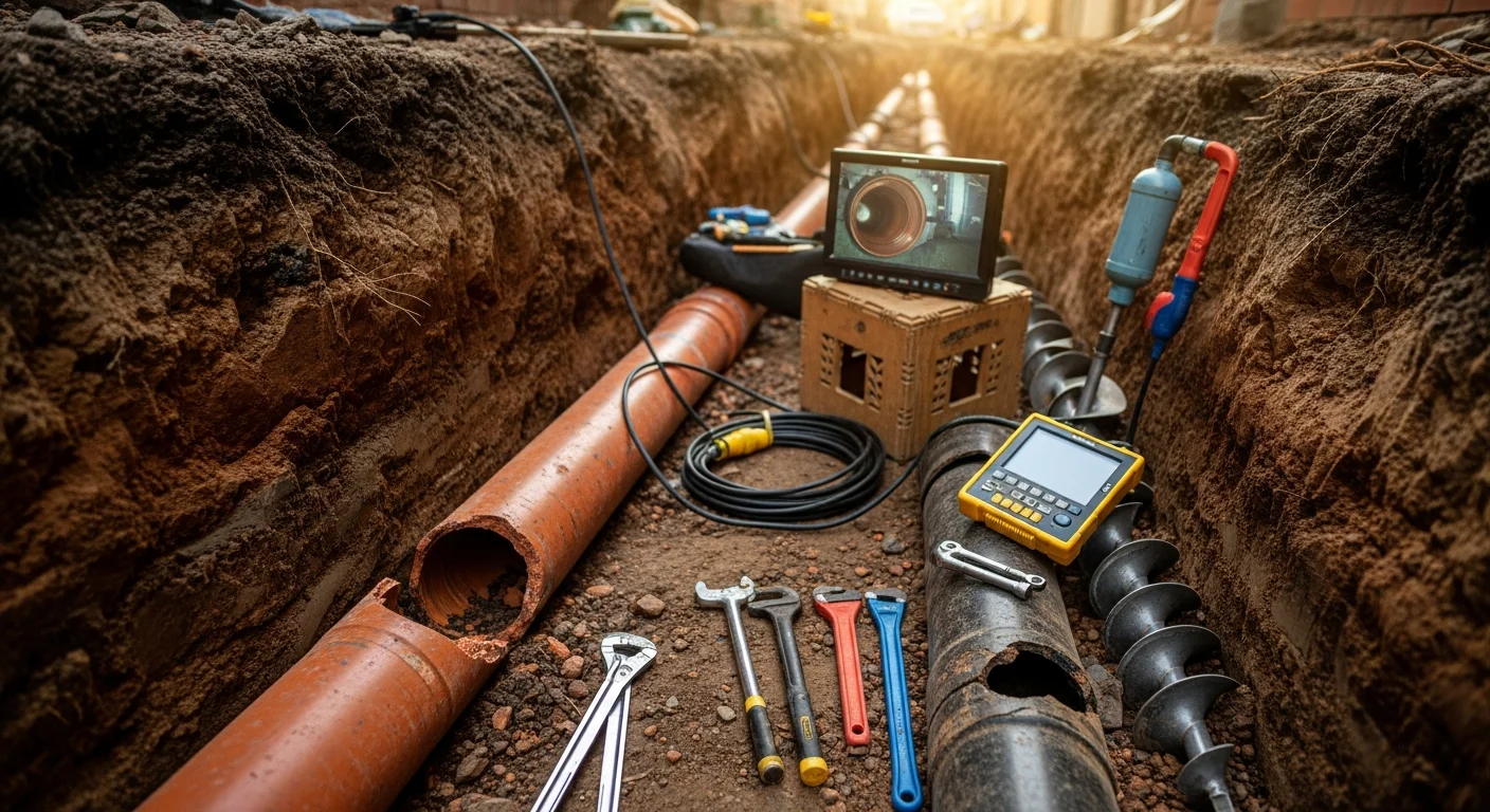 A plumber running a sewer camera inspection on a clay lateral pipe beneath a Philadelphia row home. The monitor displays a cracked pipe interior with visible root intrusion.