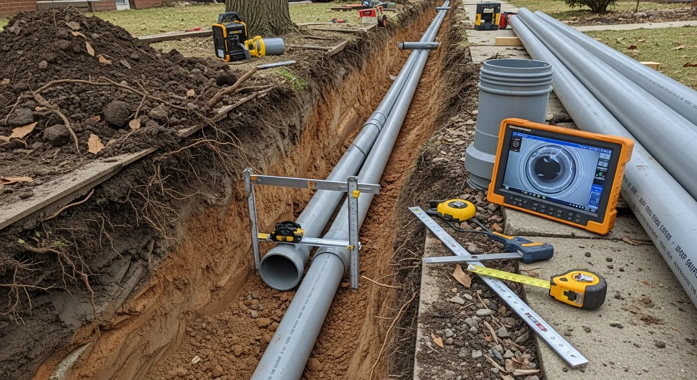 A freshly installed sewer lateral pipe running from a Philadelphia row home toward the city main, with excavated trench visible along the property line. A plumber inspects the new pipe connection at ground level on a residential Philadelphia street.