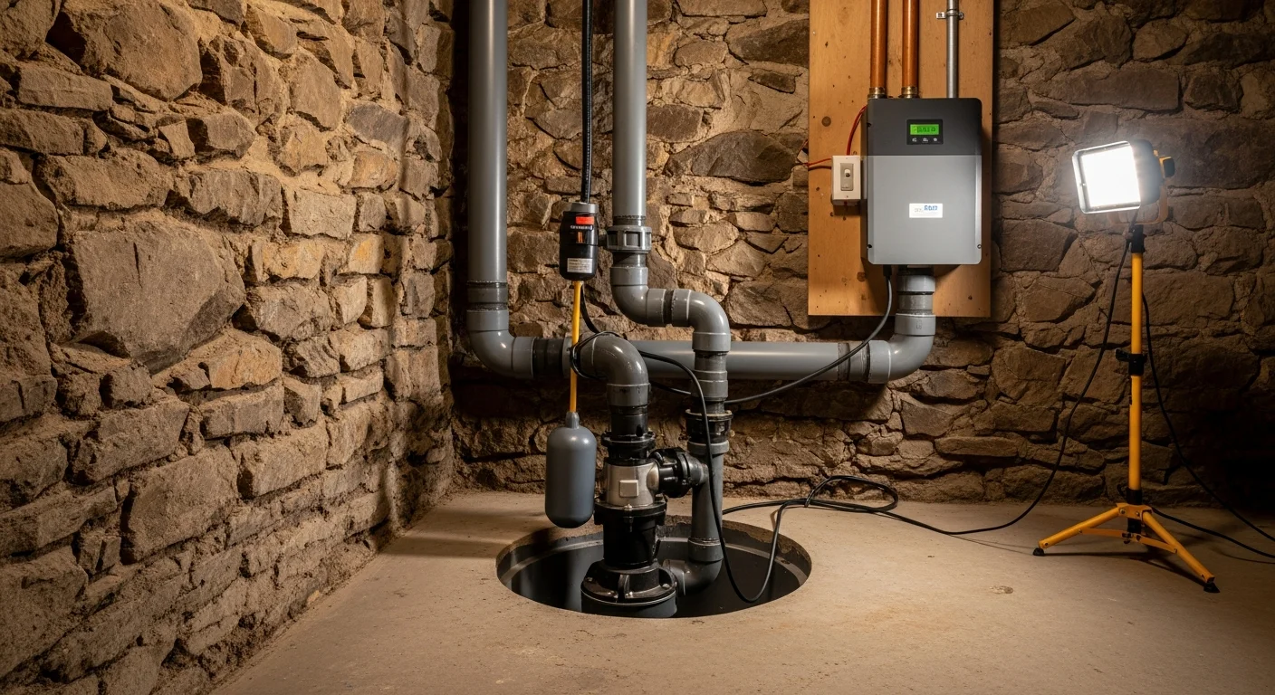 A newly installed submersible sump pump sitting inside a concrete sump pit in a Philadelphia row home basement. The discharge pipe runs along the basement wall toward an exterior drainage point, with dry concrete flooring visible around the pit.