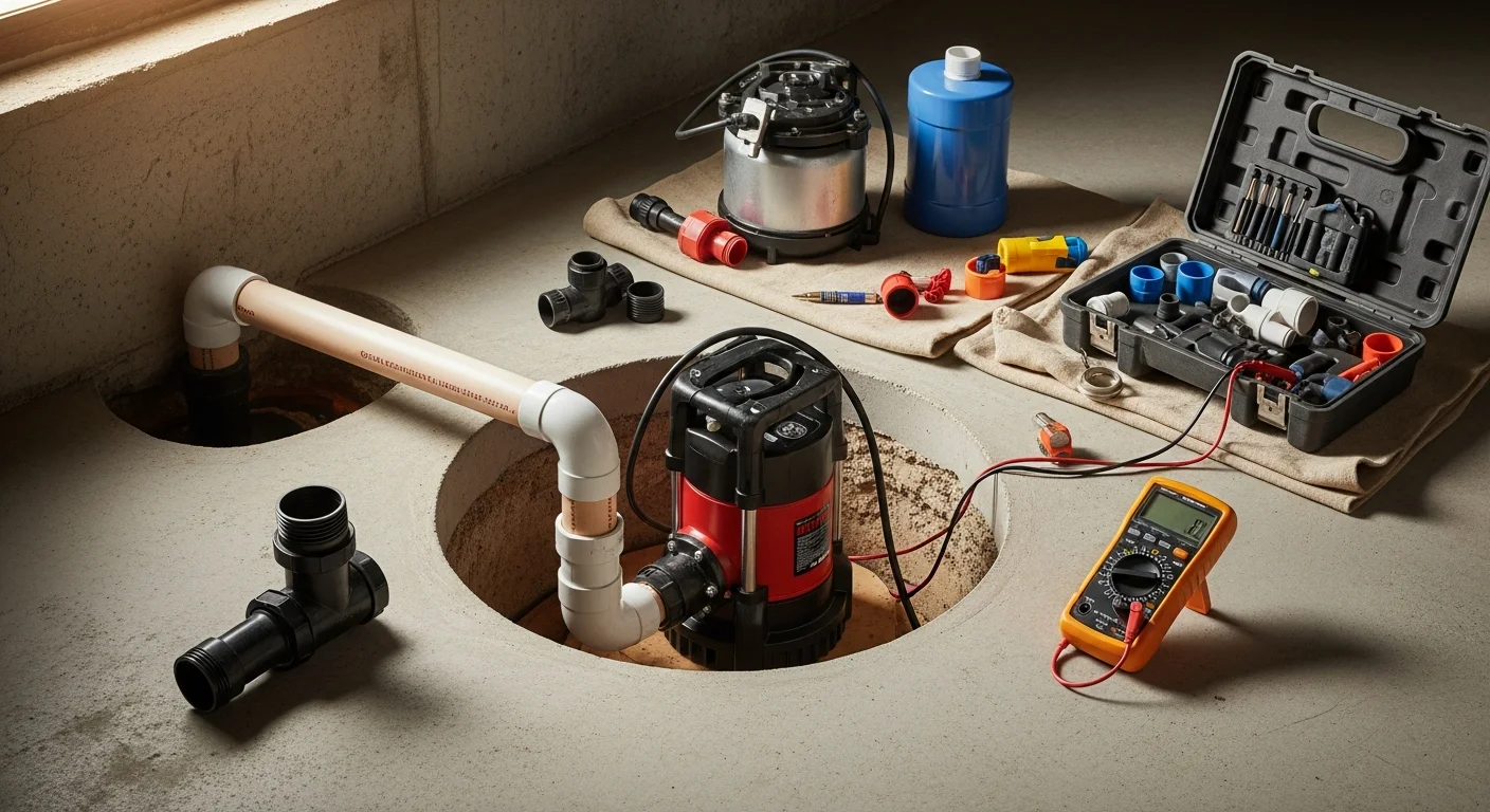 A plumber installing a new sump pump in a Philadelphia row home basement, with the sump pit open and discharge line visible along the concrete block foundation wall.