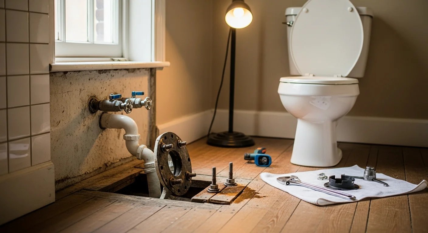 A licensed plumber inspecting a toilet flange and drain connection inside a narrow Philadelphia rowhouse bathroom. The old cast-iron drain stack is visible in the background during a toilet replacement service.