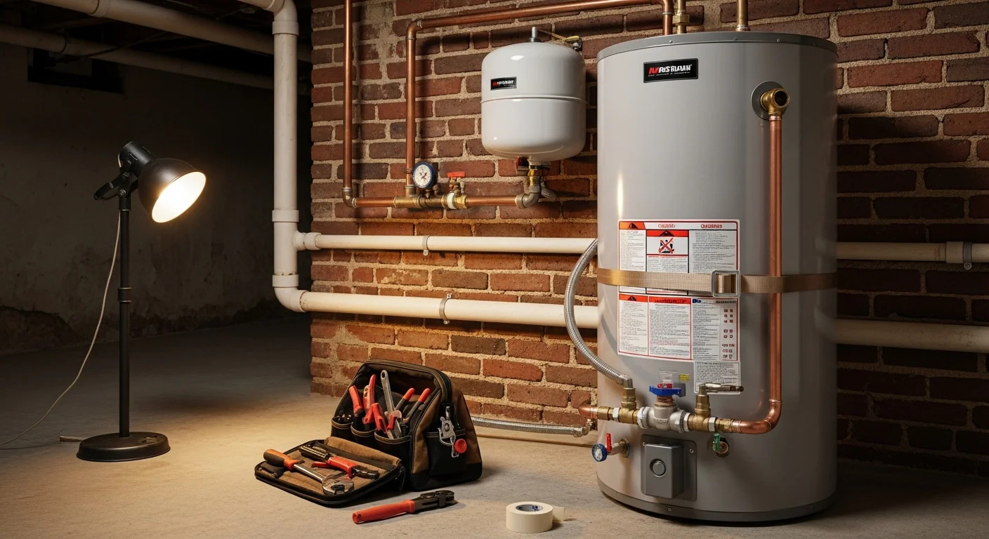 A newly installed water heater in a Philadelphia rowhouse basement, with copper supply lines and a pressure relief valve connected to code. A Drain State Plumbing & Drain Cleaning plumber checks the connections in a tight utility space.