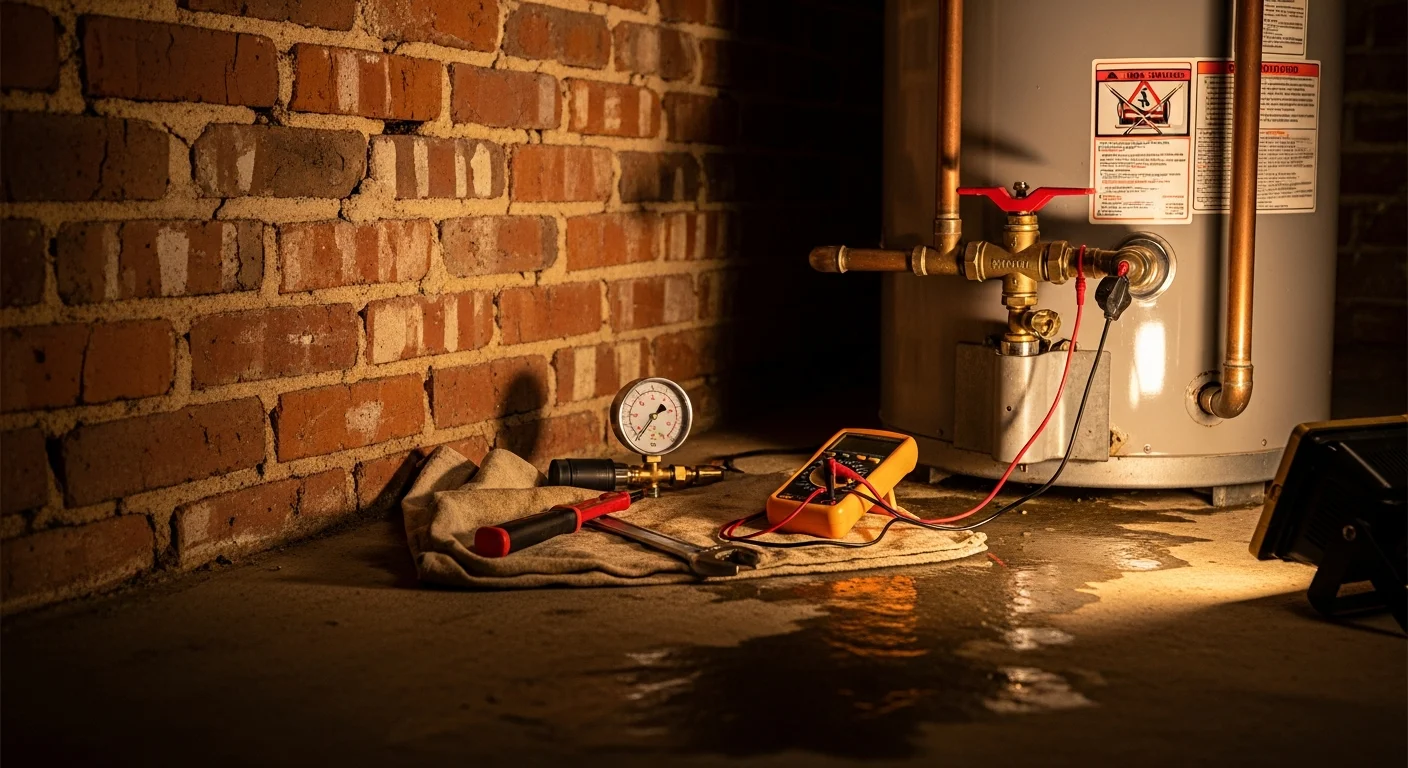 A plumber inspecting a tank water heater in a narrow Philadelphia row home basement utility space. The technician checks the T&P valve and tank connections during a water heater repair service call.
