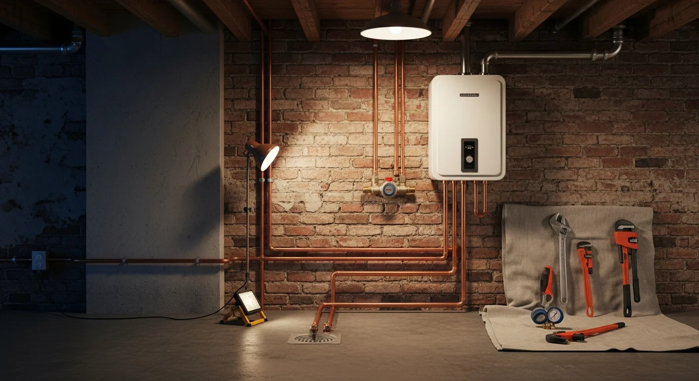 A newly installed tank water heater in the basement of a Philadelphia rowhouse, with fresh copper supply lines and a properly routed temperature-pressure relief valve discharge pipe. The surrounding cellar space is clear and the unit is positioned to meet Philadelphia plumbing code clearance requirements.